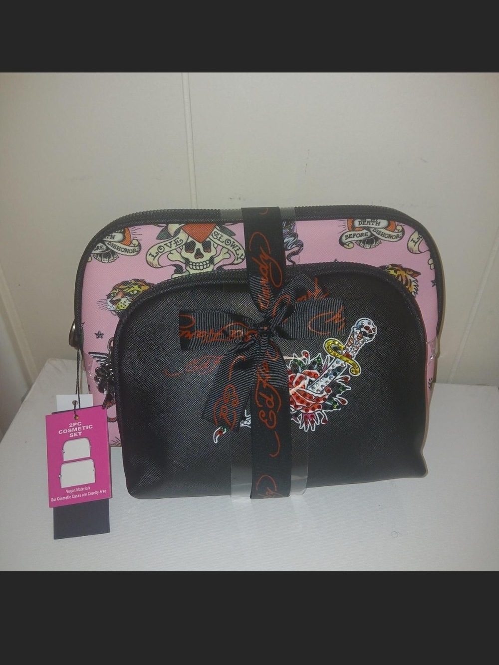 Ed Hardy Pink & Black Tattoo Print Cosmetic Bag Duo